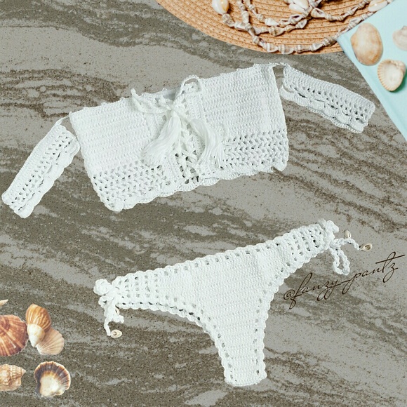 Crochet bikini swimsuit white 2 piece - Picture 3 of 7